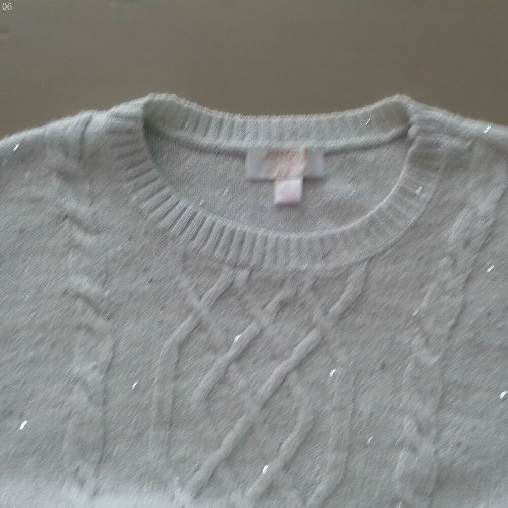 JINGLE BELLES by Kim Gravel Lg Sleeve Scoop Neck Silver Sparkle Cable Sweater XL - Picture 4 of 8